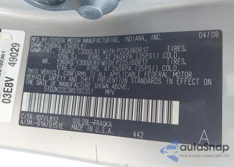 2008 Toyota Sienna z USA, uszkodzony, nr VIN 5TDZK22C38S192351